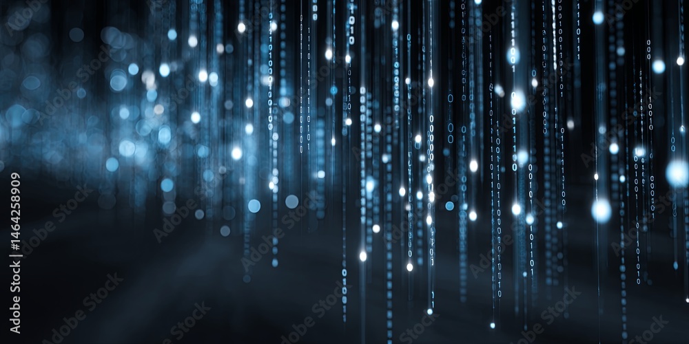 Poster Abstract Digital Background with Glowing Binary Code and Light Particles Creating a Futuristic Data Visualization Effect