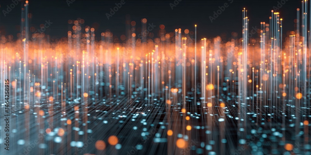 Poster Futuristic data landscape with glowing lines and digital matrix effect representing advanced technology and data transmission in a cyber world