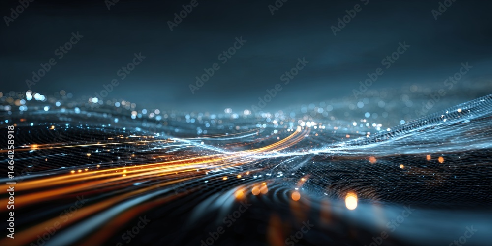 Poster Futuristic Digital Landscape with Neon Light Trails and Motion Blur Effect in Abstract Virtual Environment for Technology and Innovation Themes