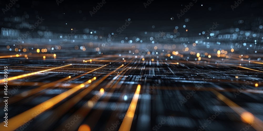 Poster Futuristic data landscape with glowing lines and digital matrix effect representing advanced technology and data transmission in a cyber world