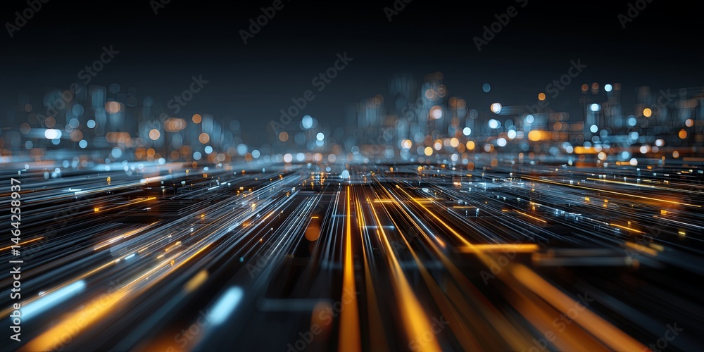 Aufkleber Futuristic data landscape with glowing lines and digital matrix effect representing advanced technology and data transmission in a cyber world