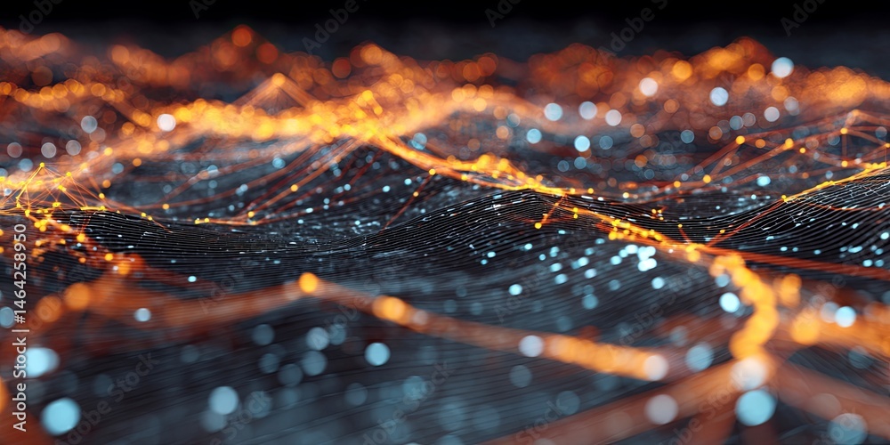 Poster Futuristic data landscape with glowing lines and digital matrix effect representing advanced technology and data transmission in a cyber world