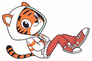 34 Cute cartoon tiger cub, anthropomorphic, wearing hoodie and sneakers, orange and black stripes, big expressive eyes, smiling, playful pose, cheerful character design, children's book illustration s