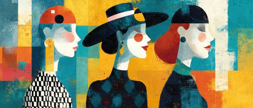 Abstract painting of three stylish women in hats with geometric shapes and bold colors, showcasing fashion and art deco style