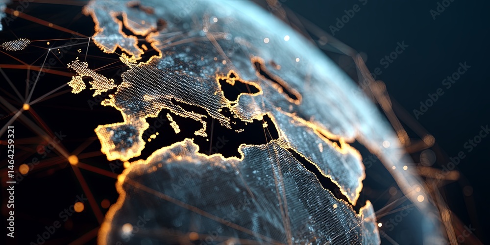 Poster Global Network Connection with Lines and Dots Representing Earth in a High-Tech Style, Digital World Map Concept with Data Flow Visualization