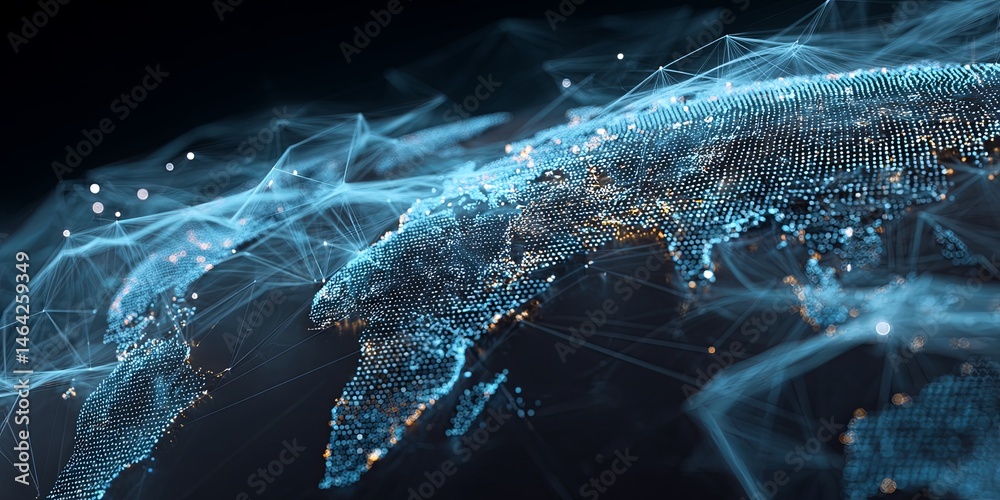 Aufkleber Global Network Connection with Lines and Dots Representing Earth in a High-Tech Style, Digital World Map Concept with Data Flow Visualization