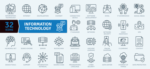 Information Technology Icon Collection: 32 Digital Innovation Line Graphics