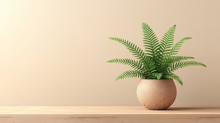 Obraz premium Elegant fern arrangement on wooden shelf against soft beige backdrop evokes tranquility
