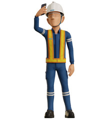 Isolate industrial worker is using the mobile phone  to taking a photo on transparent back ground