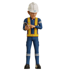 Isolate industrial worker is using the mobile phone on transparent background