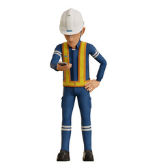 Isolate industrial worker is using the mobile phone  to taking a photo on transparent back ground