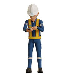Isolate industrial worker is using the mobile phone  to taking a photo on transparent back ground