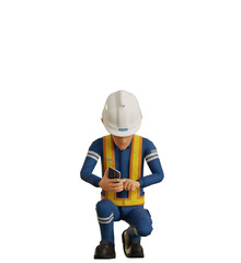 Isolate industrial worker is using the mobile phone on transparent background