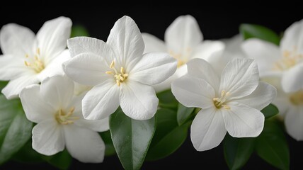Obraz premium Beautiful white flowers with green leaves on a black background, close-up close-up beautiful floral