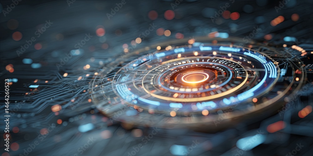 Poster Futuristic Abstract Technology Background with Circuit Board Design and Bright Glowing Center for Digital Innovation and Tech Concepts