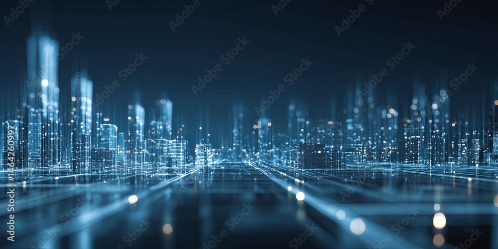 Poster Abstract blue digital cityscape with glowing lines and light patterns representing technology and innovation in a futuristic environment