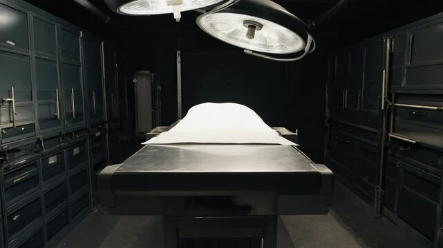 Dimly lit autopsy room with surgical light over stretcher