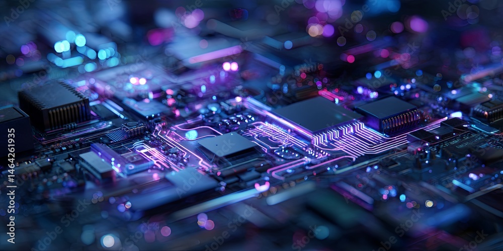 Poster Futuristic Digital Circuit Board with Glowing Lines and Patterns in Blue and Purple Light Showcasing High-Tech Computer Technology