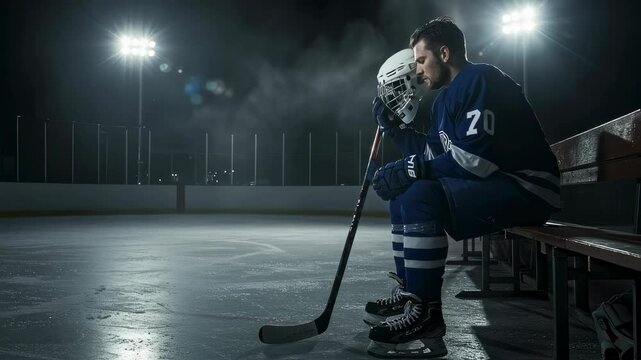 Man hockey player sitting on a bench at rink after the game feeling defeated and sadness. Professional sportsman resting after match on ice arena at night.