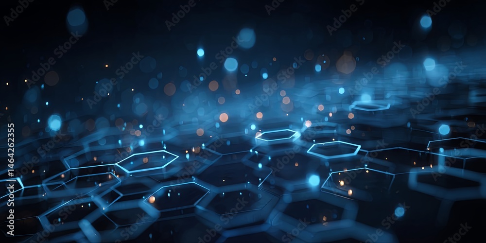 Poster Abstract Technology Background with Geometric Shapes and Digital Lines in Blue Tones Featuring Hexagons and Connecting Elements for Modern Design