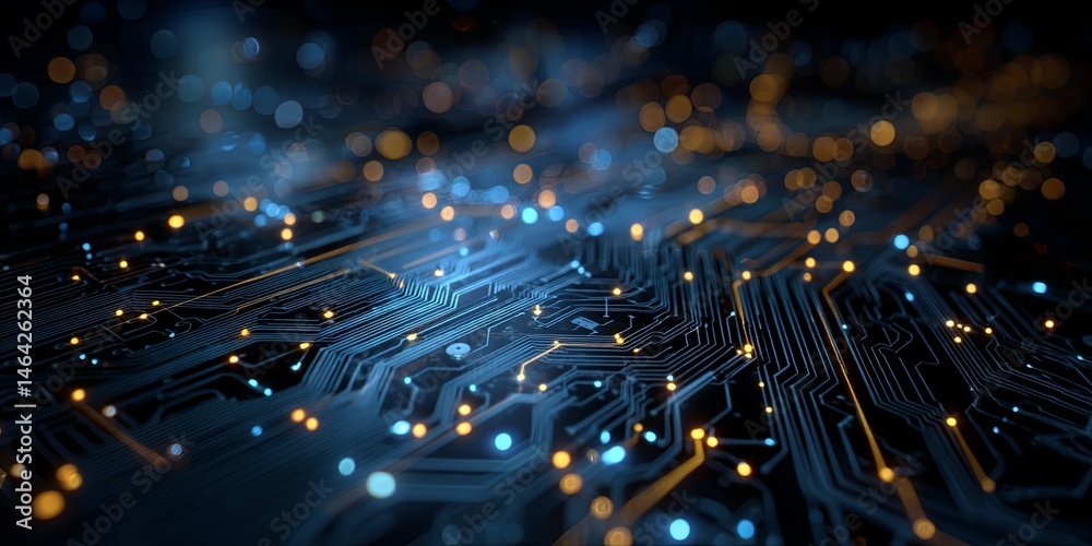 Aufkleber Abstract futuristic technology background featuring blue circuit board lines, glowing nodes, and intricate digital patterns on dark canvas