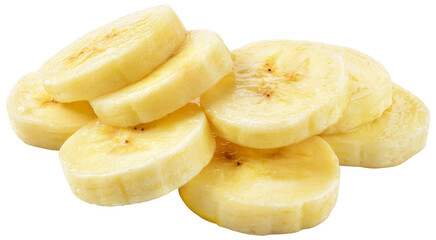 Banana slice isolated png. Sliced banana on white or transparent background. Cut banana no background. Round slices bananas heap. Transparent png.