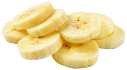 Banana slice isolated png. Sliced banana on white or transparent background. Cut banana no background. Round slices bananas heap. Transparent png.