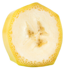 Banana slice isolated png. Sliced banana on white or transparent background. Cut banana no background. Round slice top view. Full depth of field. Transparent png.