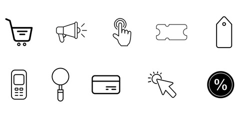Shopping and Retail Line Icons Set with Cart, Tag, Card, Megaphone, and Sale Symbols