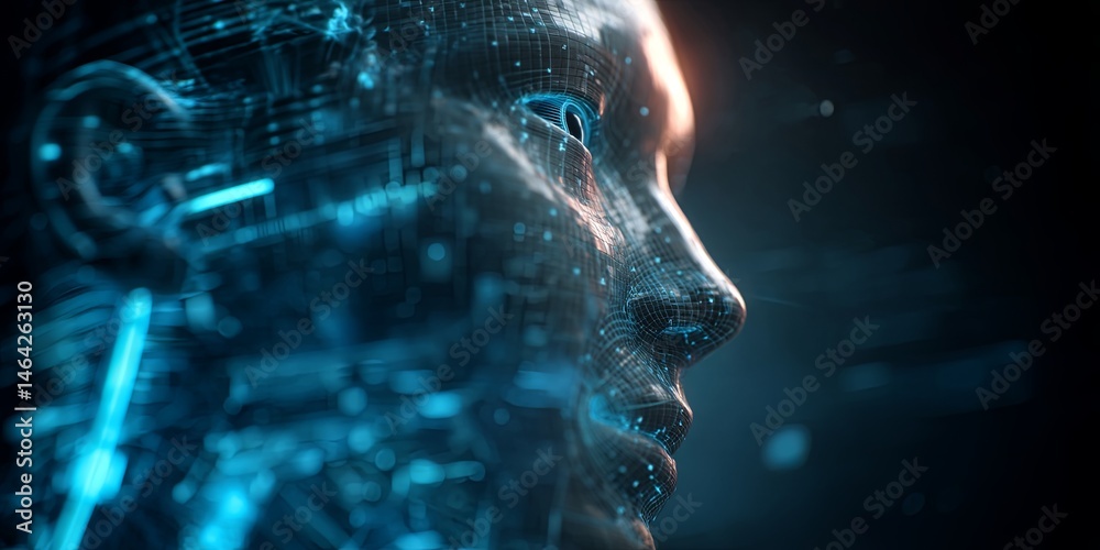 Fototapete Futuristic Human-like Head with Digital Interface and Abstract Background for Artificial Intelligence and Technology Concepts