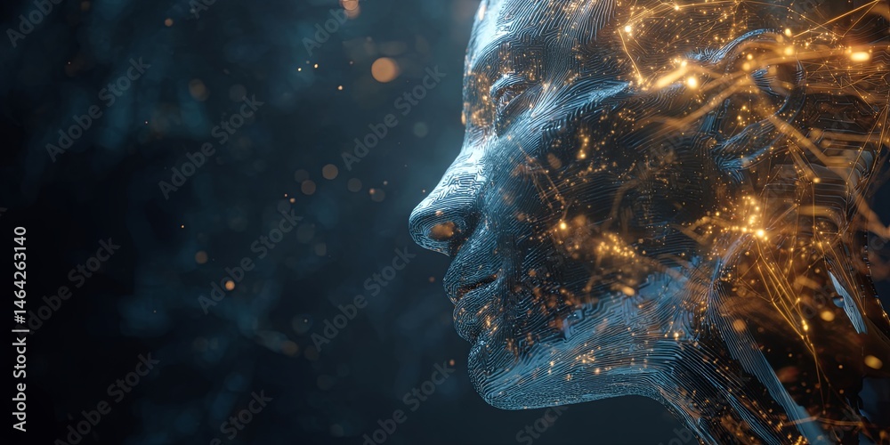 Poster Futuristic Human-like Head with Digital Interface and Abstract Background for Artificial Intelligence and Technology Concepts