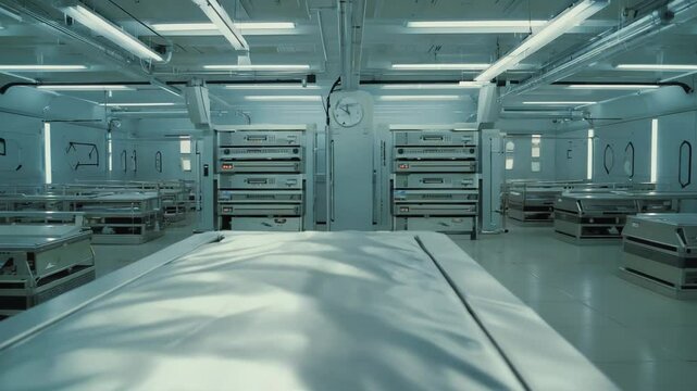 Clean and futuristic morgue interior with bright lighting