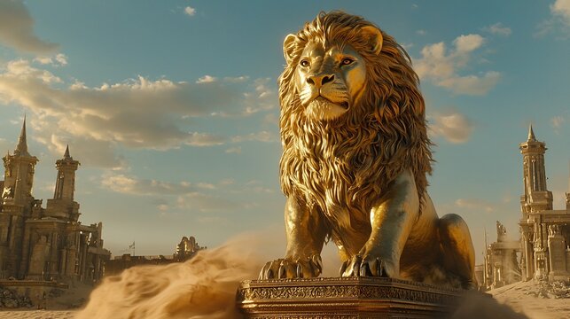 Golden lion statue overlooking vast desert sand swirling around its base cinematic regal monument