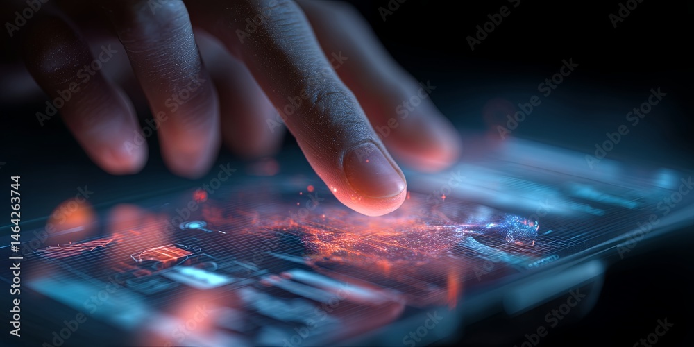 Poster Modern hand interacting with smartphone displaying digital holographic interface and data visualization in futuristic technology concept