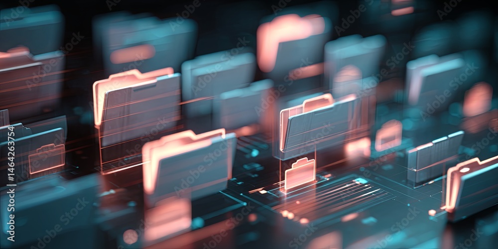 Poster Abstract representation of data storage with digital folder icons and holographic elements conveying technology and information sharing concepts
