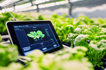Smart farming concept, close-up of hydroponic plants monitored by a digital tablet displaying growth data