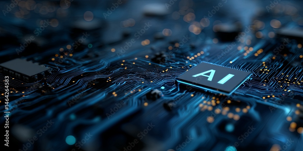 Leinwandbilder Stunning AI Technology Concept Depicted with Circuit Patterns on a Dark Blue Background for Digital Innovation and Future Advancement Representation