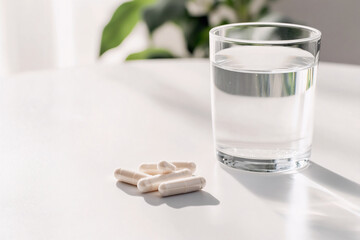 Handful of probiotic capsules on a white table next to a glass of water, health and wellness concept