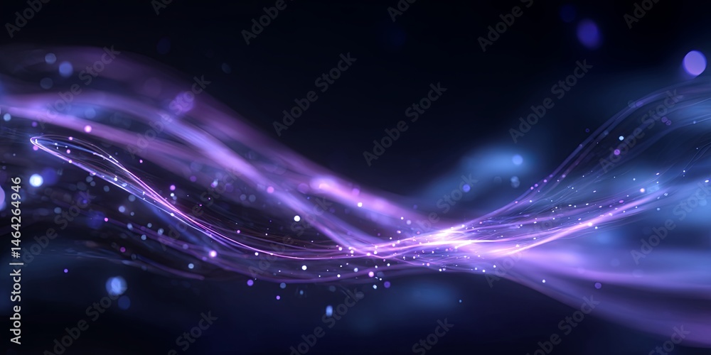 Poster abstract digital background with glowing particles and flowing lines in shades of blue and purple, s