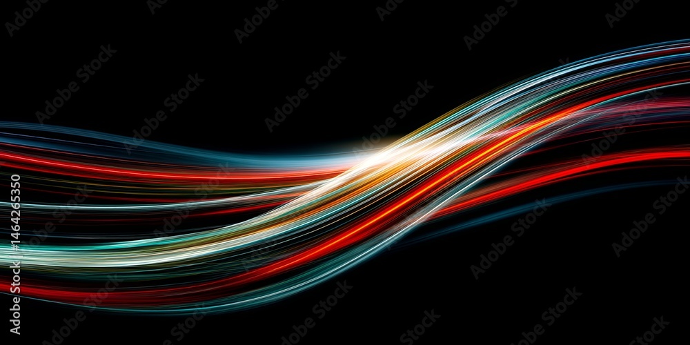 Poster abstract colorful light trails flowing towards a bright central point, representing energy, motion, 