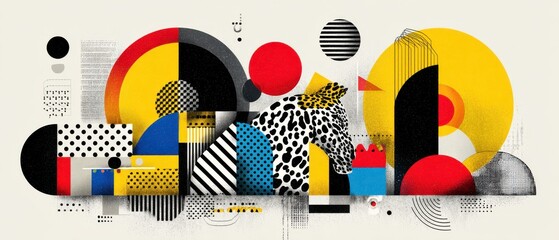 Obraz premium Abstract geometric art with horse head, vibrant colors and bold patterns in a modern collage design Concept of creativity, imagination, and contemporary art