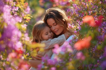 Fototapeta premium Mother and Child Embracing in a Blooming Garden