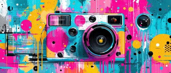 Colorful vintage camera with vibrant paint splashes, artistic photography equipment in abstract design, creative retro style