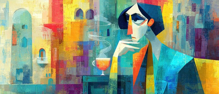 Contemplative woman with short hair in colorful abstract painting style, enjoying a hot drink in the morning, evoking a mood of reflection and artistic expression