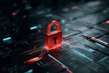 Red Padlock on Circuit Board Illustrating Cybersecurity Data Protection and Network Security