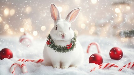 White Christmas Bunny Surrounded by Candy Canes