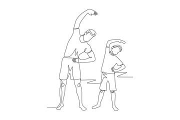 Father and son are stretching. Dad and kid excercise concept one-line drawing