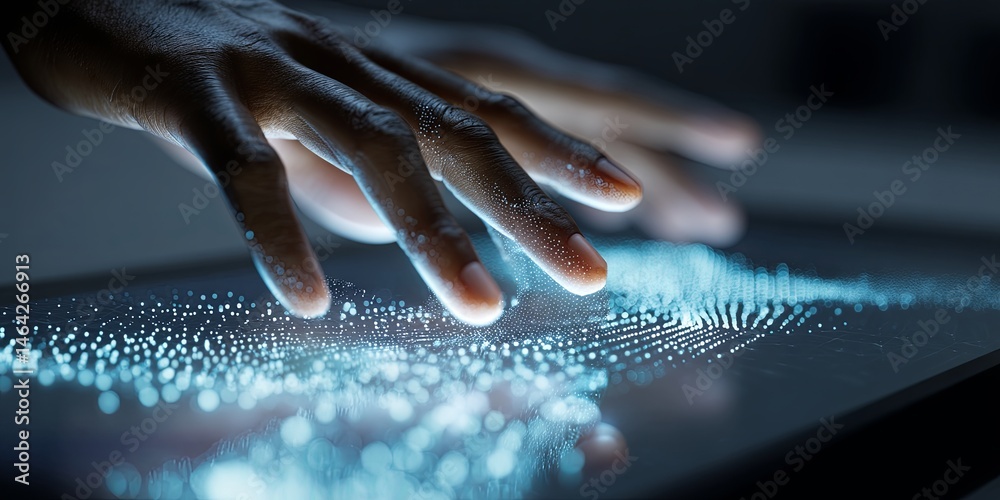 Aufkleber Futuristic User Interface with Hand Interacting with Digital Screen, High-Tech Visualization of Data, Innovative Technology Concept