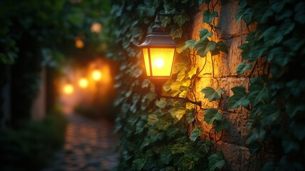 Glowing Lantern on Old Stone Wall and Ivy at Night lantern glowing ivy night lamp light warm light