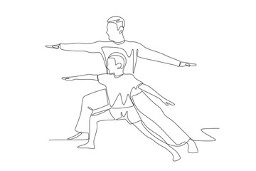 Father and son are stretching. Dad and kid excercise concept one-line drawing